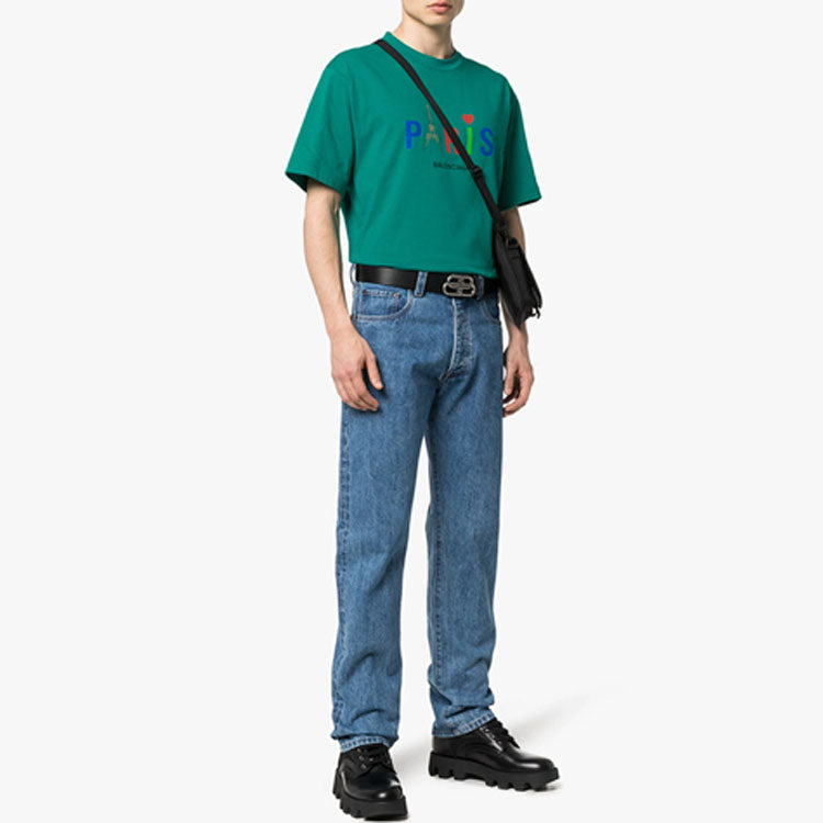 Men's Balenciaga Paris Love Regular T-Shirt Printing Short Sleeve Green 594579TGV433640