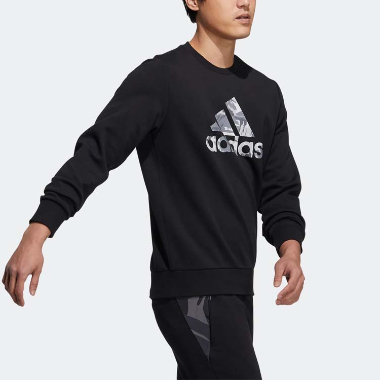 Men's adidas Camouflage Printing Logo Round Neck Sports Long Sleeves Black H39330