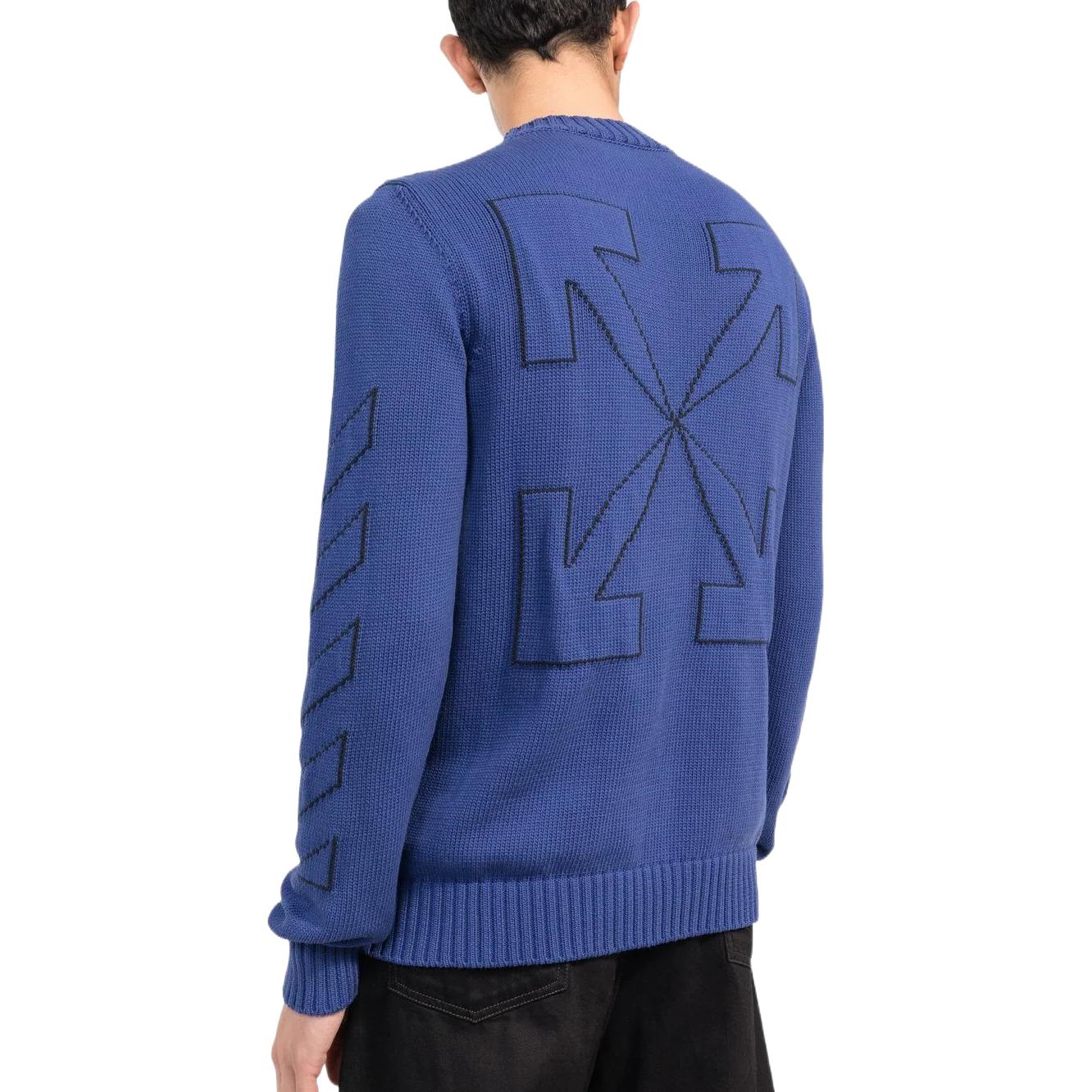 Men's Off-White FW22 Solid Color Logo Embroidered Round Neck Pullover Long Sleeves Wool Sweater Blue OMHE087F22KNI00145464546