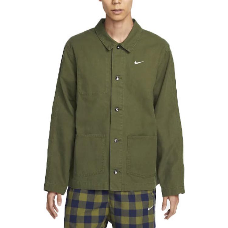 Men's Nike Solid Color Logo Lapel Casual Long Sleeves Military Green Jacket DQ5185-326