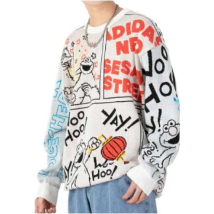 adidas x SESAME STREET Crossover Cartoon Alphabet Full Print Round Neck Knitwear Beige HD7294