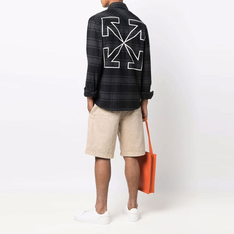 Men's Off-White Logo Plaid Flannel Long Sleeves Loose Fit Gray Shirt OMGA133C99FAB0010701