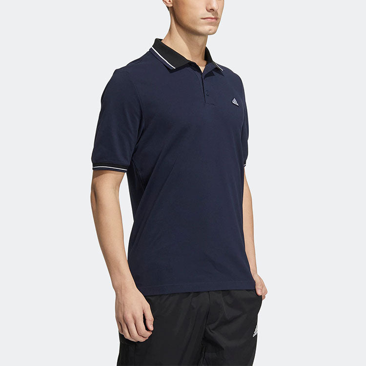 Men's adidas Alphabet Logo Embroidered Stripe Buckle Short Sleeve Legendary Ink Blue Polo Shirt HS4393