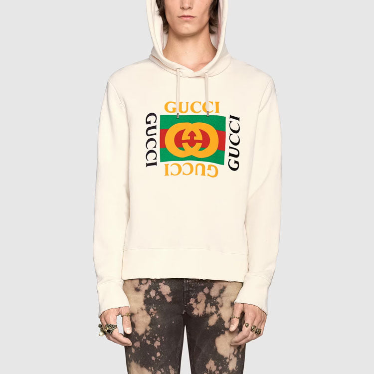 Gucci Vintage Double Ring Logo Printed Hooded Drawstring Sweatshirt Men's White 454585-X5J57-9541