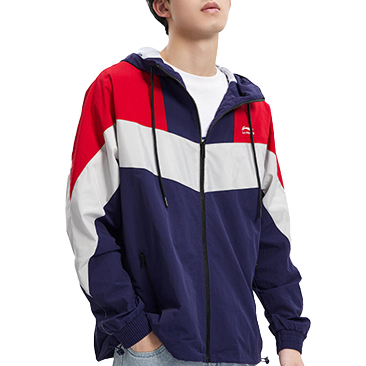 Li-Ning Colorblock hooded Drawstring Loose Jacket 'Navy Blue' AFDQ045-3