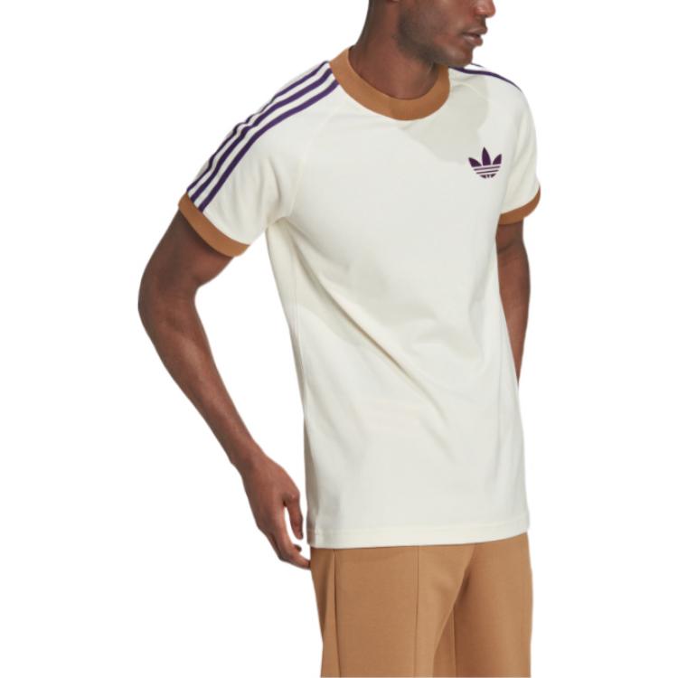 Men's adidas originals Cali Tee Shoulder Stripe Ribbed Round Neck Short Sleeve Milky White T-Shirt IB3422