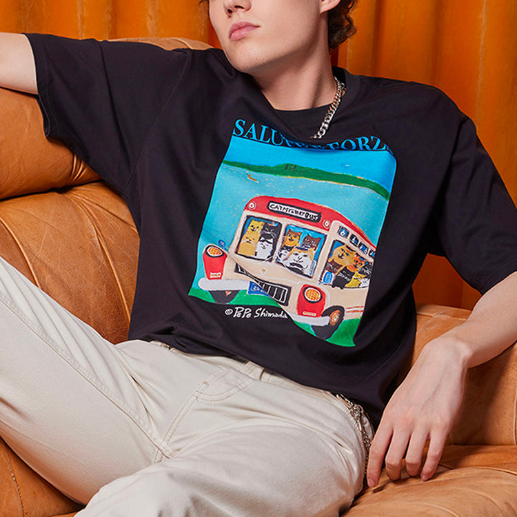 FILA x Pepe Shimada Crossover Cat Illustration Round Neck Short Sleeve Black F11M123188F-BK