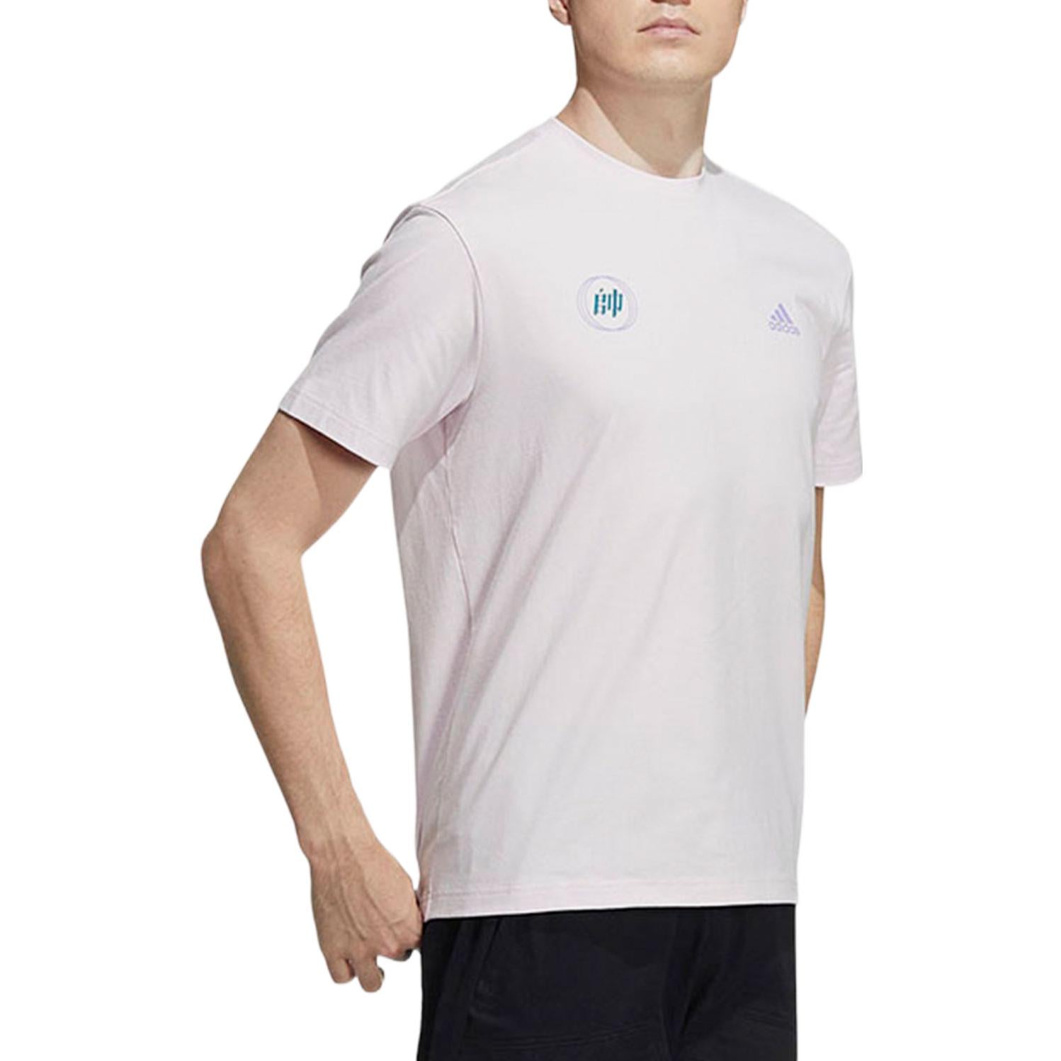 Men's adidas Solid Color Logo Round Neck Short Sleeve Pink T-Shirt HI3282