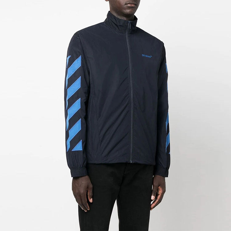 Men's Off-White SS22 Small Logo Embroidered Zipper Stand Collar Jacket Version Blue OMBD040F22FAB0014645