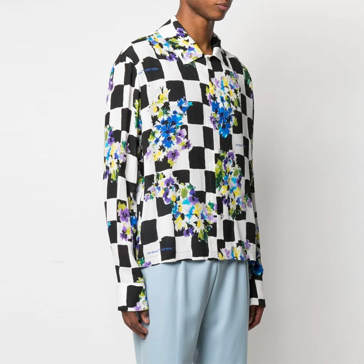 Off-White SS21 Flowers Printing Plaid lapel Long Sleeves Shirt Slim Fit Version Black OMGA161S21FAB0028400