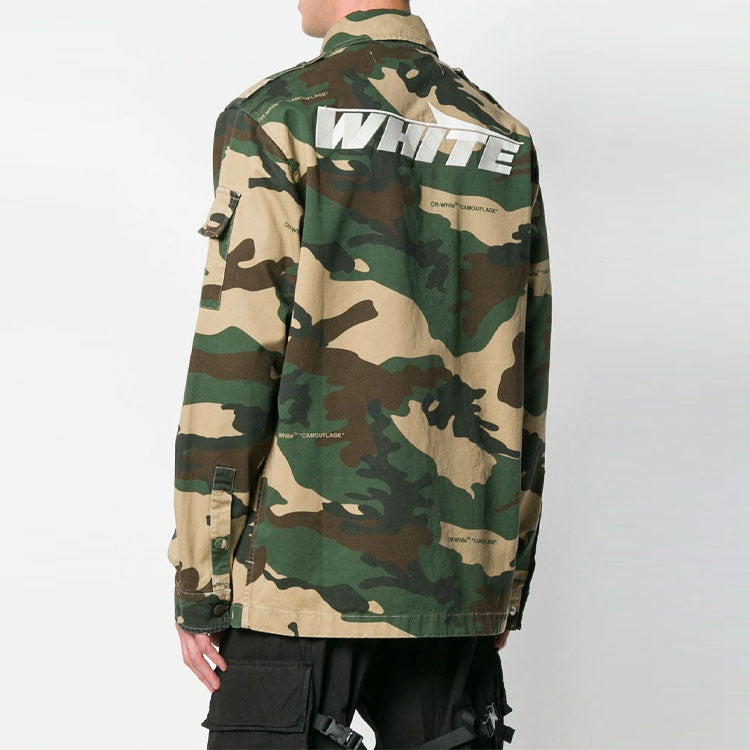 Men's Off-White Logo Printing Lapel Camouflage Jacket Loose Fit Green  OMGA063E18A300039901