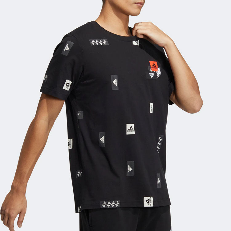 Men's adidas Full Print Logo Patch Printing Round Neck Short Sleeve Black T-Shirt HM2964