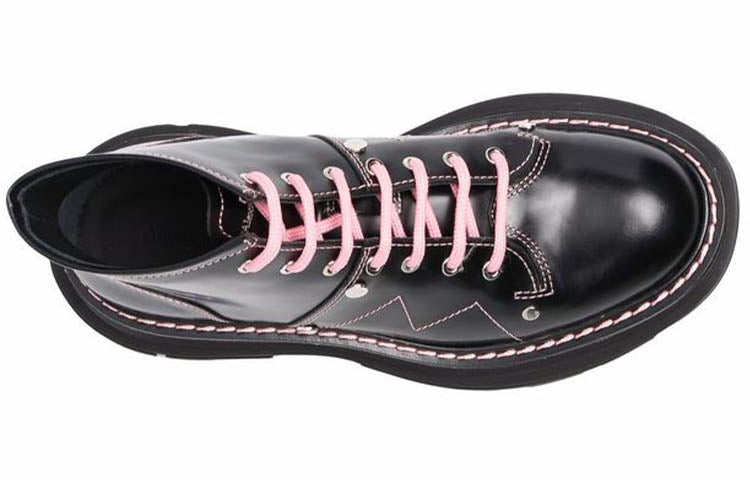 (WMNS) Alexander McQueen Contrast Stitch Tread Lace Up Boots 'Black Pink' 595469WHZ881336