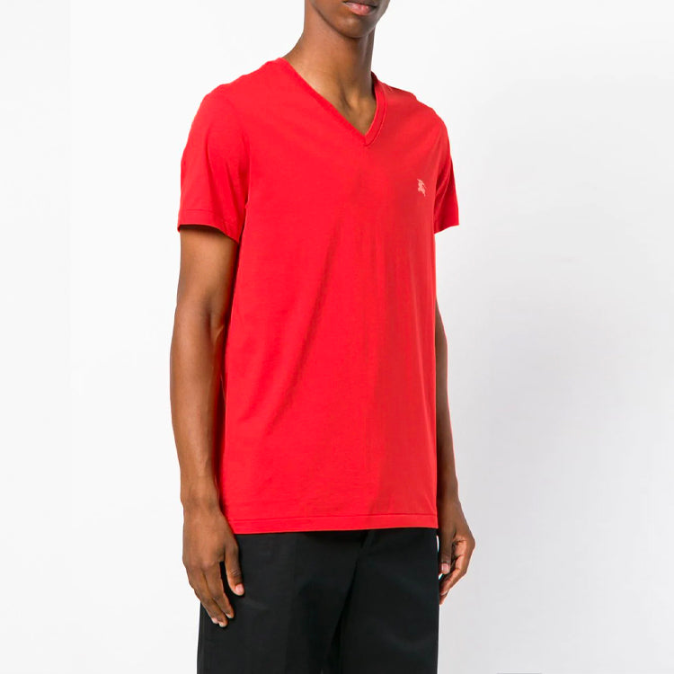 Men's Burberry SS21 V neck Embroidered Logo Short Sleeve Red 80022401