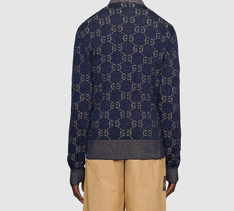 Gucci GG Cotton Jacquard Cardigan For Men Blue 614746-XKBAU-4079