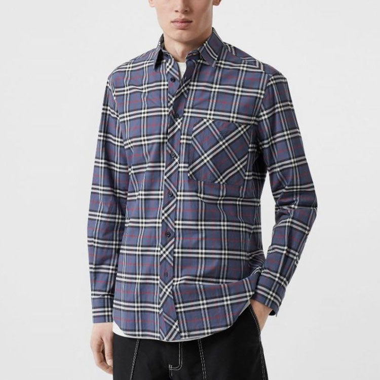 Men's Burberry Cotton Plaid Shirt Navy Blue 80175621
