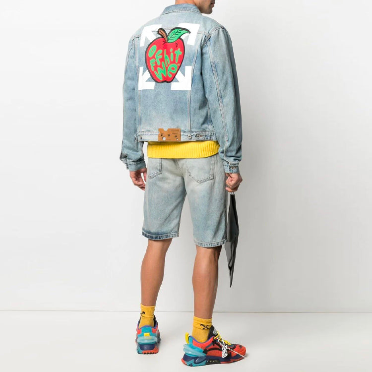Off-White SS21 Apple Logo Pattern Denim Jacket Loose Fit Blue OMYE054S21DEN0024525