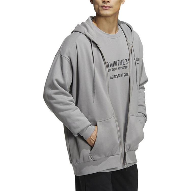 Men's adidas Alphabet Printing Pattern Drawstring Hooded Long Sleeves Jacket Light Grey HZ7027