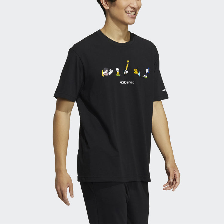 adidas neo M Splf Tee 1 Cartoon Printing Sports Loose Round Neck Short Sleeve Black HC3832