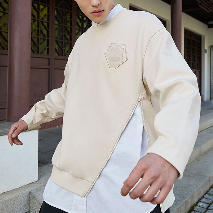 Li-Ning x Dragon Crossover Series Diagonal Zipper Design Loose Round Neck Pullover White AWDS295-1