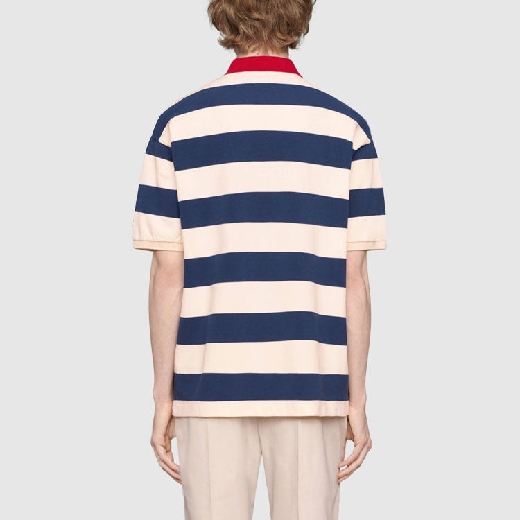 Gucci SS21 Embroidered Stripe Knit Short Sleeve Polo Shirt Blue 581976-XJA6H-4594