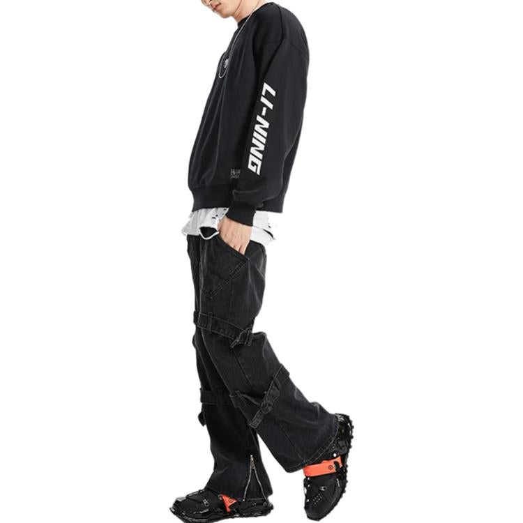 Li-Ning Sports Fashion Series Embroidered Logo Loose Fleece Lined Round Neck Pullover 'Black' AWDQD27-3