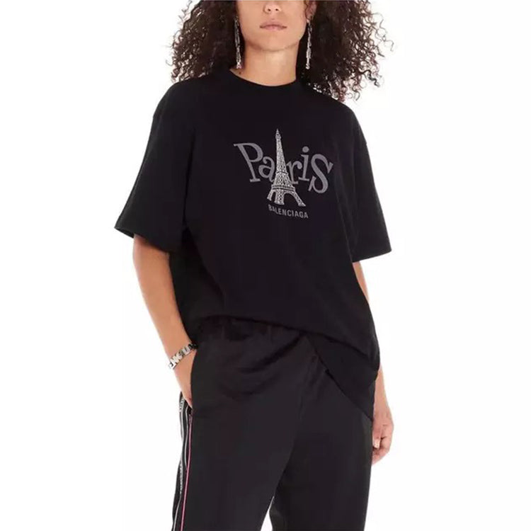Balenciaga Unisex Paris Printing Round-neck Black 594599TGV661000