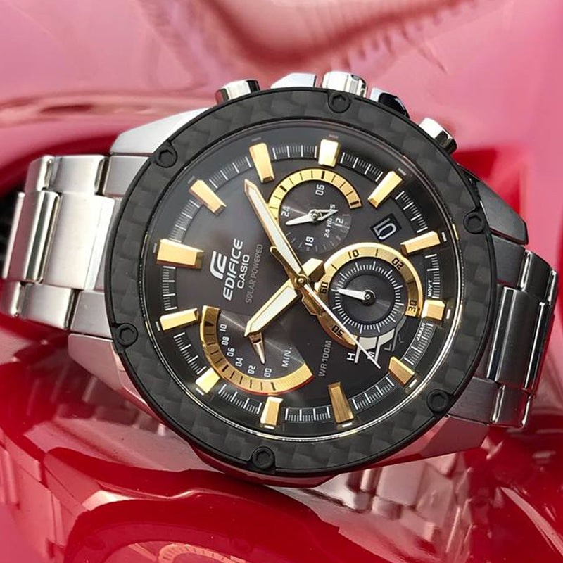 CASIO EDIFICE Solar Powered Black DialSilver Strap Mens BlackSilver Analog EQS-910D-1B