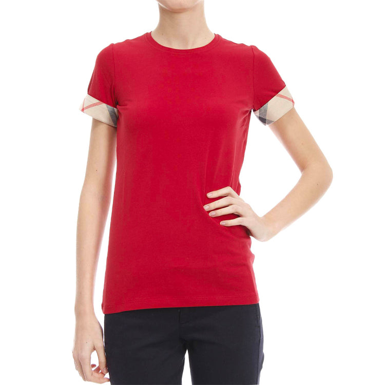 Burberry Cuff Plaid Round Neck Short Sleeve Red 38869511