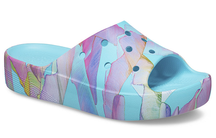 (WMNS) Crocs Classic Platform Palm Print Slide 'Blue Multi-Color' 208607-4NQ