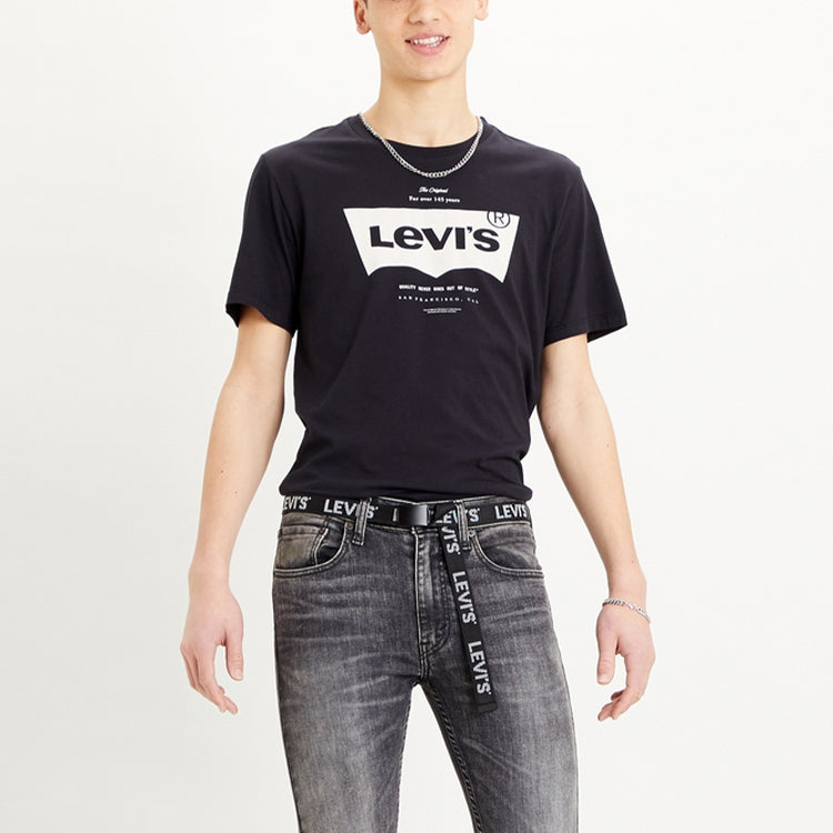 Men's Levis Logo Alphabet Printing Loose Round Neck Short Sleeve Black 22489-0301