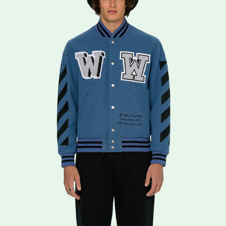 Off-White SS21 Alphabet Pattern Long Sleeves Baseball Collar Jacket Blue OMEA267R21FAB0014010