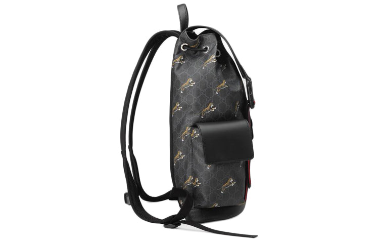 Gucci Tiger Printing Logo Stripe Webbing Canvas Large Capacity schoolbag Backpack Black 495563-G02CX-8675