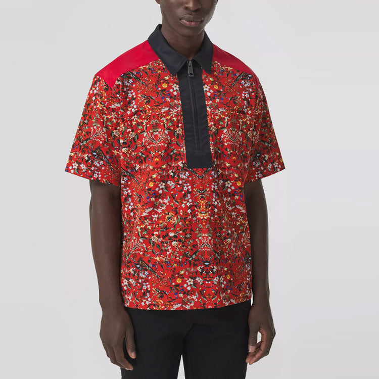 Men's Burberry SS21 Flowers Printing Zipper Short Sleeve Shirt Red 80415431