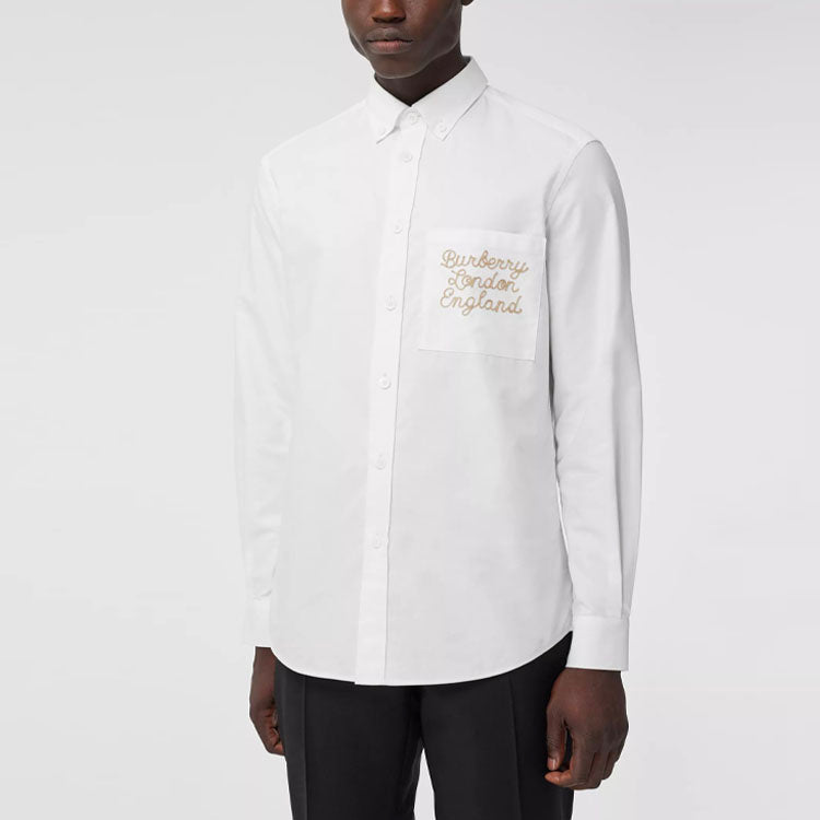 Men's Burberry Embroidered Logo Long Sleeves Shirt White 80367551
