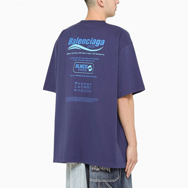 Men's Balenciaga FW21 Dry Cleaning Alphabet Printing Retro Knit Short Sleeve Navy Blue 651795TKVF83866