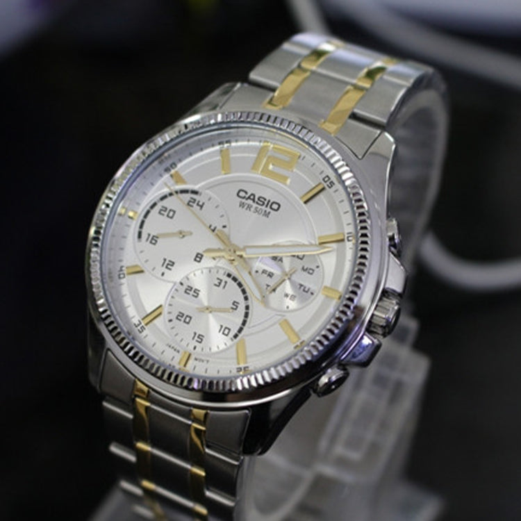 Men's CASIO Waterproof Quartz Three Eyes Dial 42mm Stainless Steel Strap Watch Mens White Analog MTP-E305SG-9AVDF