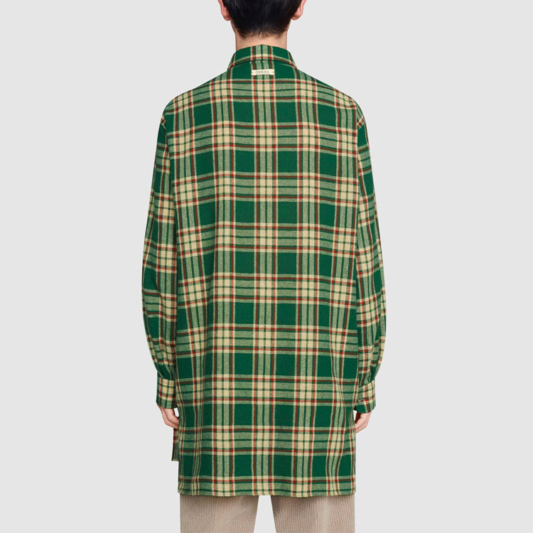 Men's Kai x Gucci Crossover SS21 Bear Pattern Plaid Long Sleeves Green Shirt 660433-ZAG11-3323