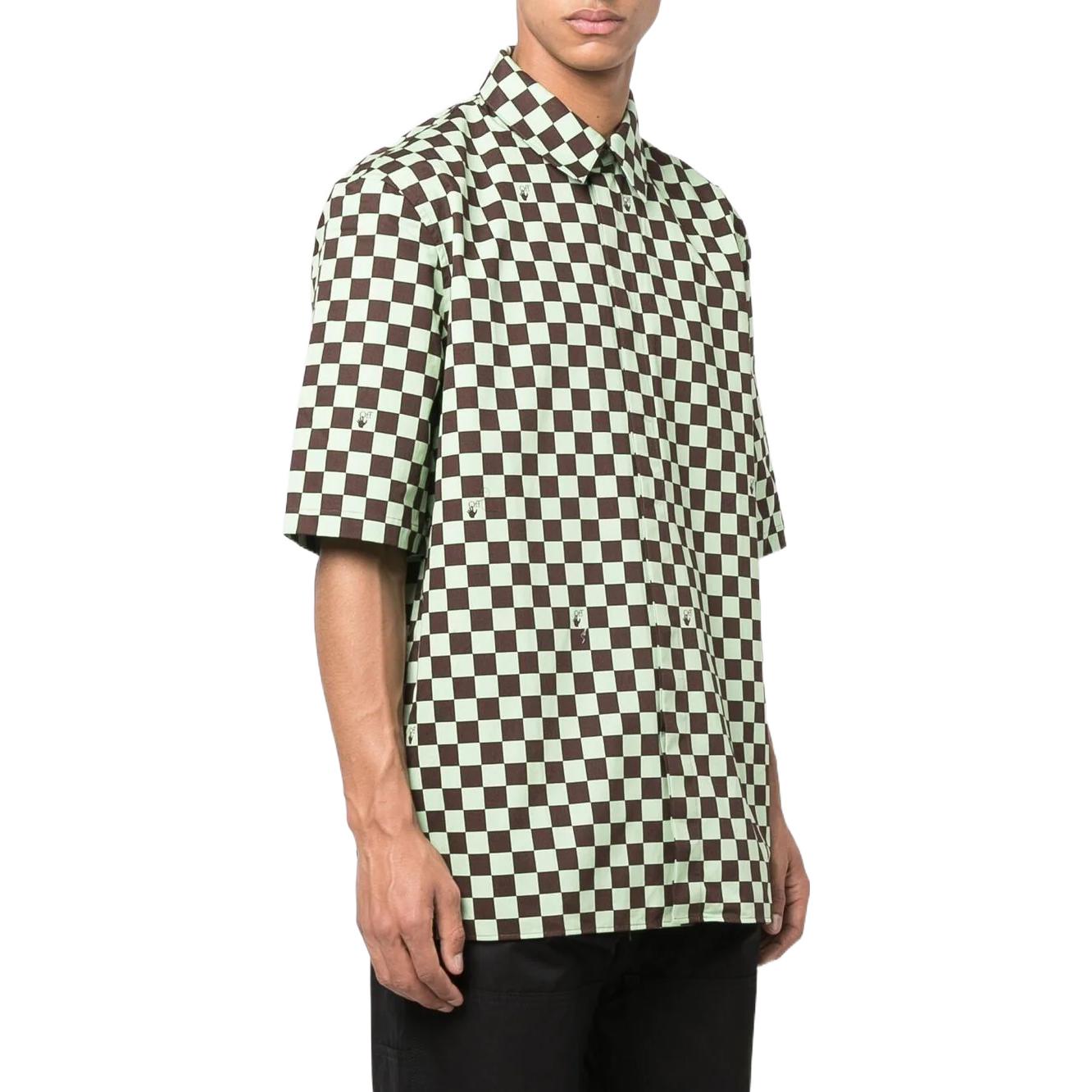 Men's Off-White SS22 Plaid Full Print Lapel Short Sleeve Loose Fit Green Shirt OMGA216S22FAB0026450