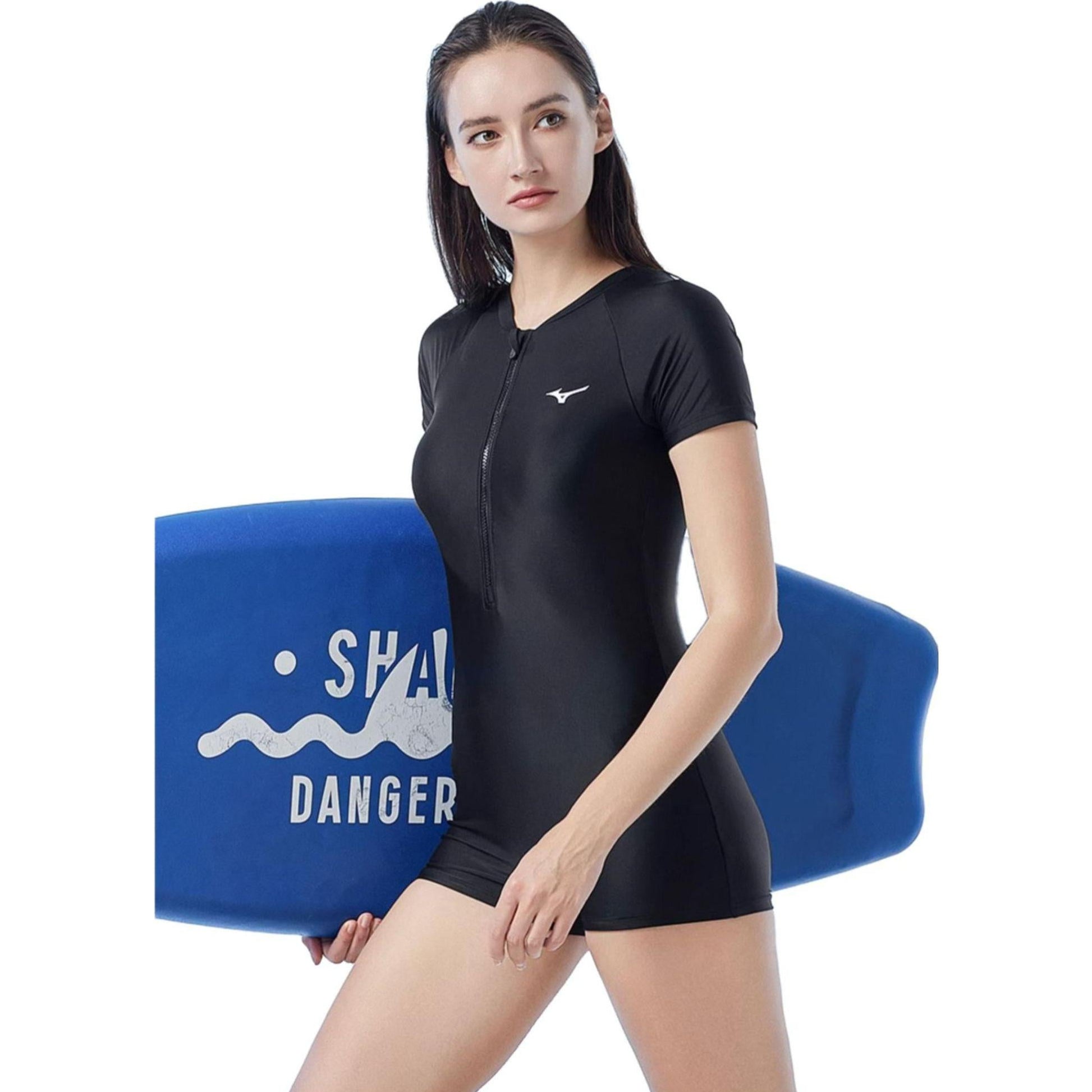 (WMNS) Mizuno Zip Up Short Sleeve Swimsuit 'Black' N2CA1347