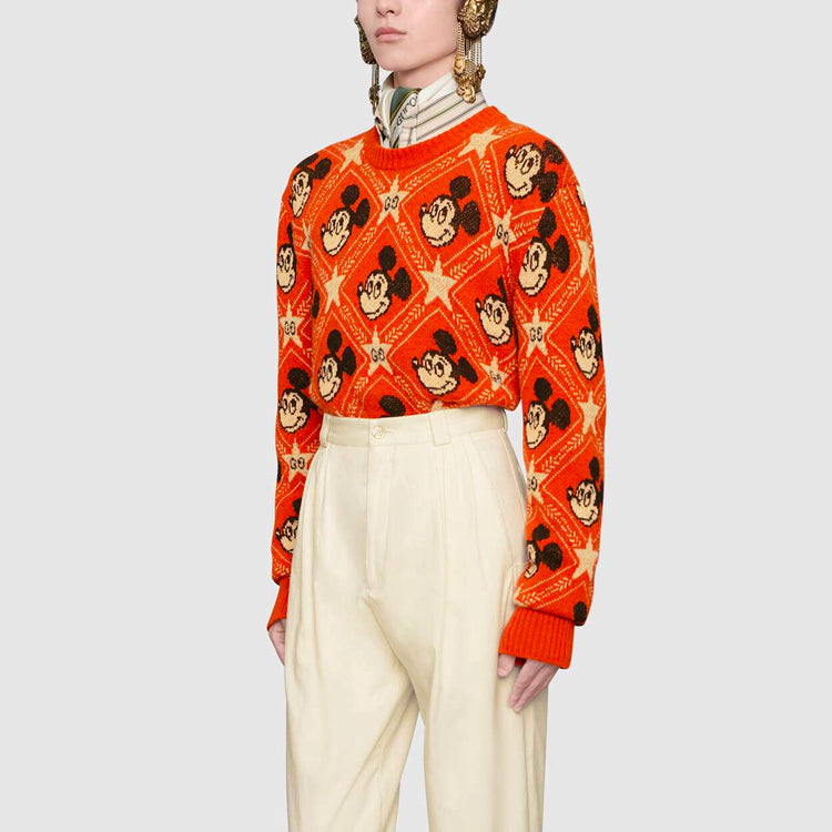 Gucci x Disney Mickey Mouse Pattern Crewneck Knitted Sweater For Men Orange 601563-XKA57-7481