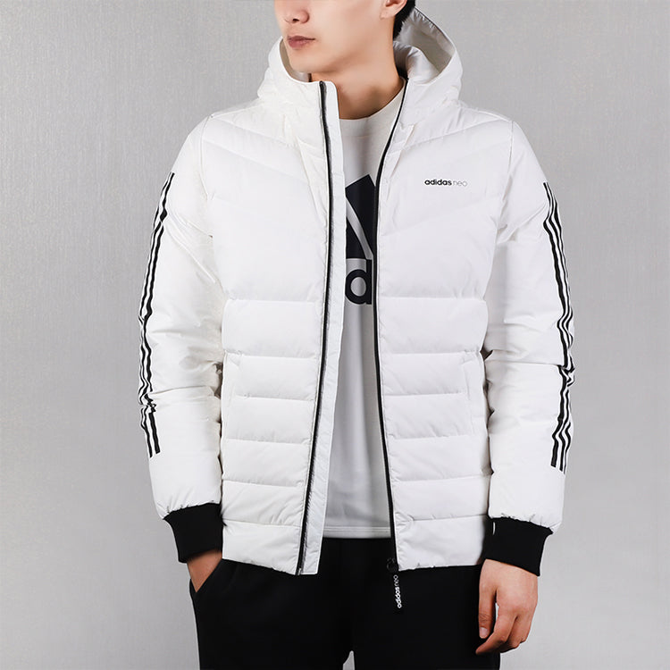 adidas neo MENS Sprty Puffer 3 Stripes Tat Hoodie Down Jacket White EI4433