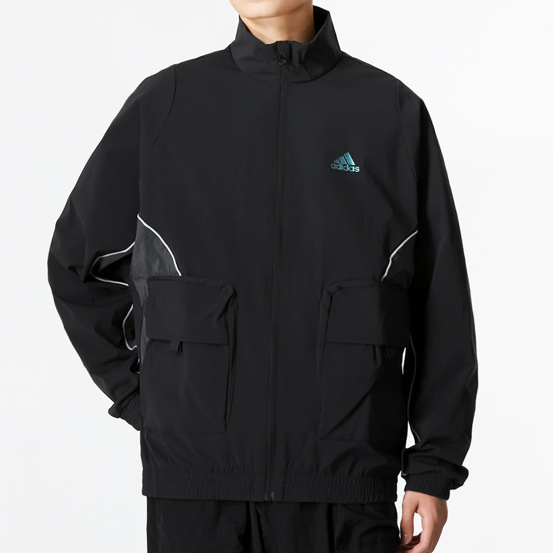 Men's adidas St Pkt Wvjkt Athleisure Casual Sports Logo Stand Collar Woven Jacket Black HM5144