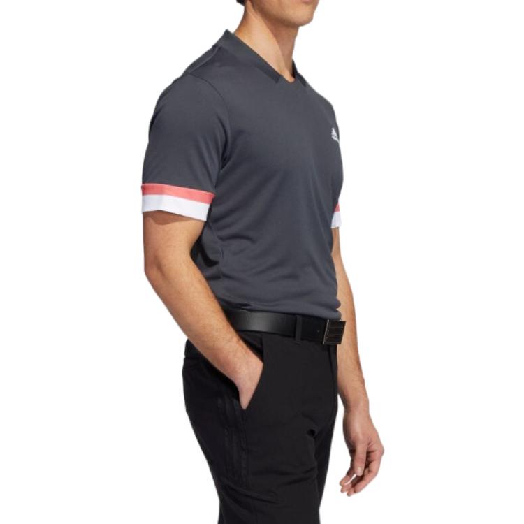 Men's adidas Colorblock V Neck Breathable Logo Stripe Quick Dry Short Sleeve Carbon Black T-Shirt HI4752