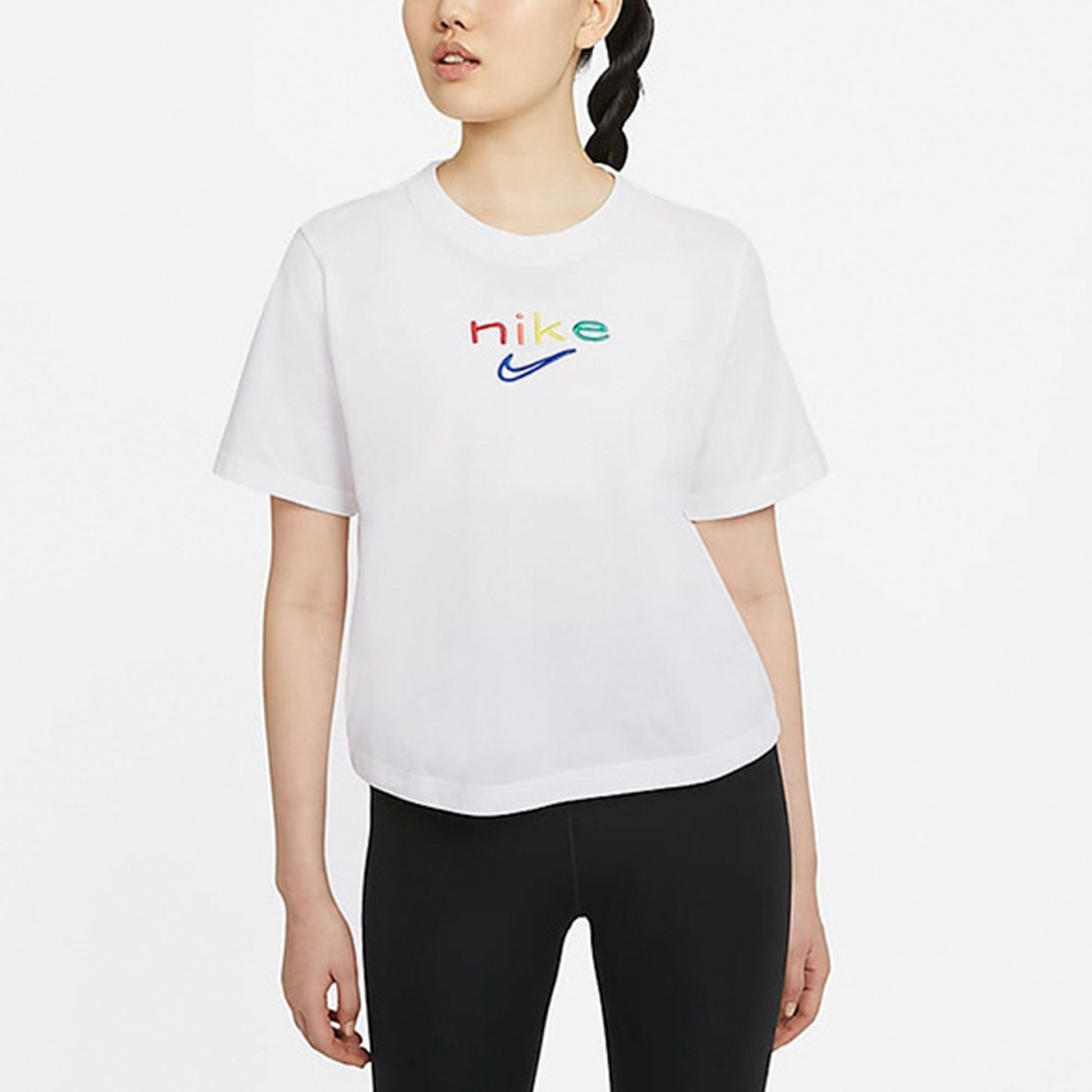 (WMNS) Nike Dri-FIT Boxy Rainbow Embroidery Logo Short Sleeve White DD2849-100