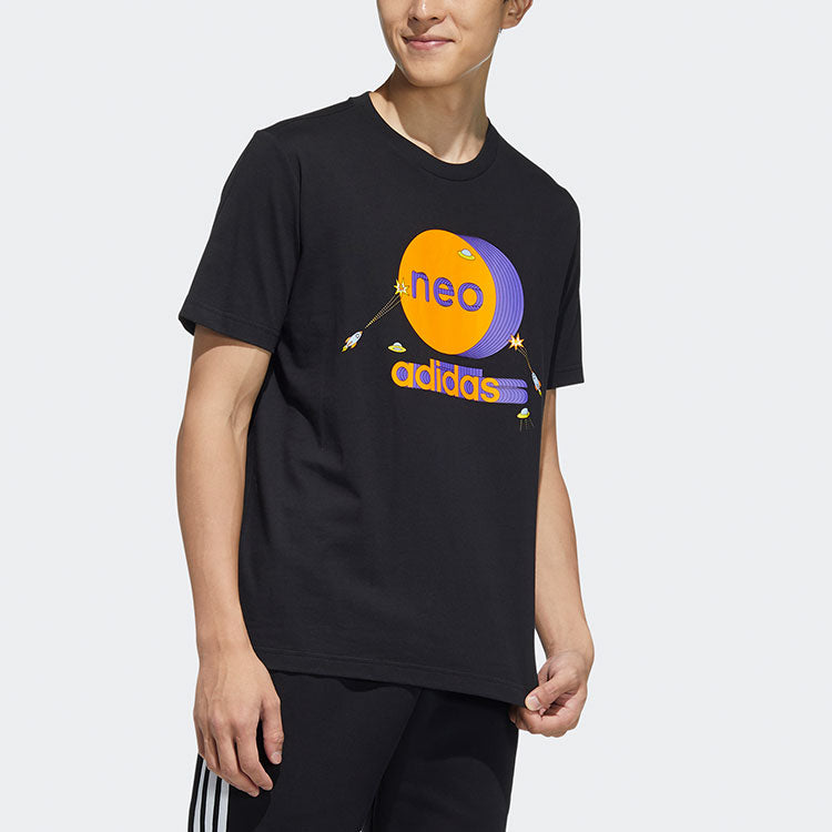 Men's adidas neo Colorblock Pattern Ribbed Round Neck Cotton Short Sleeve Black T-Shirt HC9697