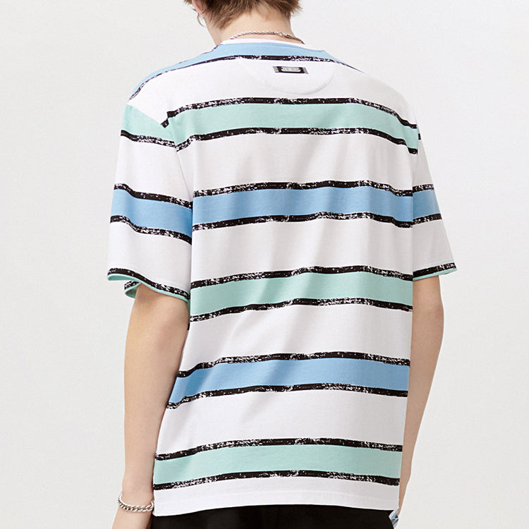 Men's FILA FUSION Contrasting Colors Stripe Loose Sports Short Sleeve Green White Colorblock T11M121108A-LB