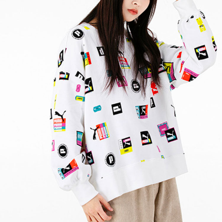 (WMNS) PUMA Full Print Logo Loose Round Neck Pullover Hoodie White 535348-02
