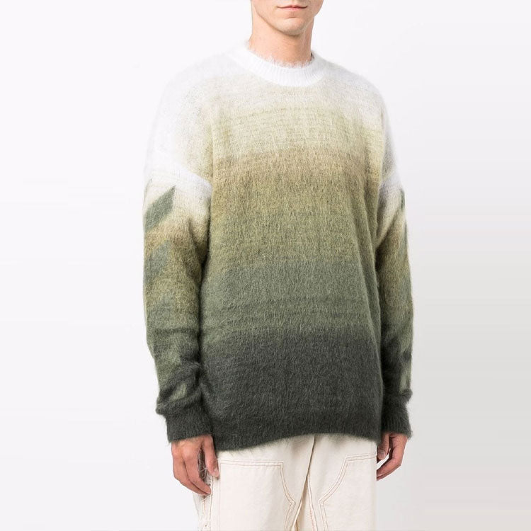 Men's Off-White Gradient Effect Round Neck Long Sleeves Wool Sweater Loose Fit Multicolor OMHE098F21KNI0015555