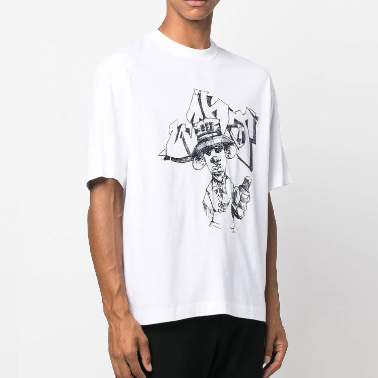 Men's Off-White FW22 Cartoon Printing Round Neck Short Sleeve Loose Fit White T-Shirt OMAA120F22JER0100110